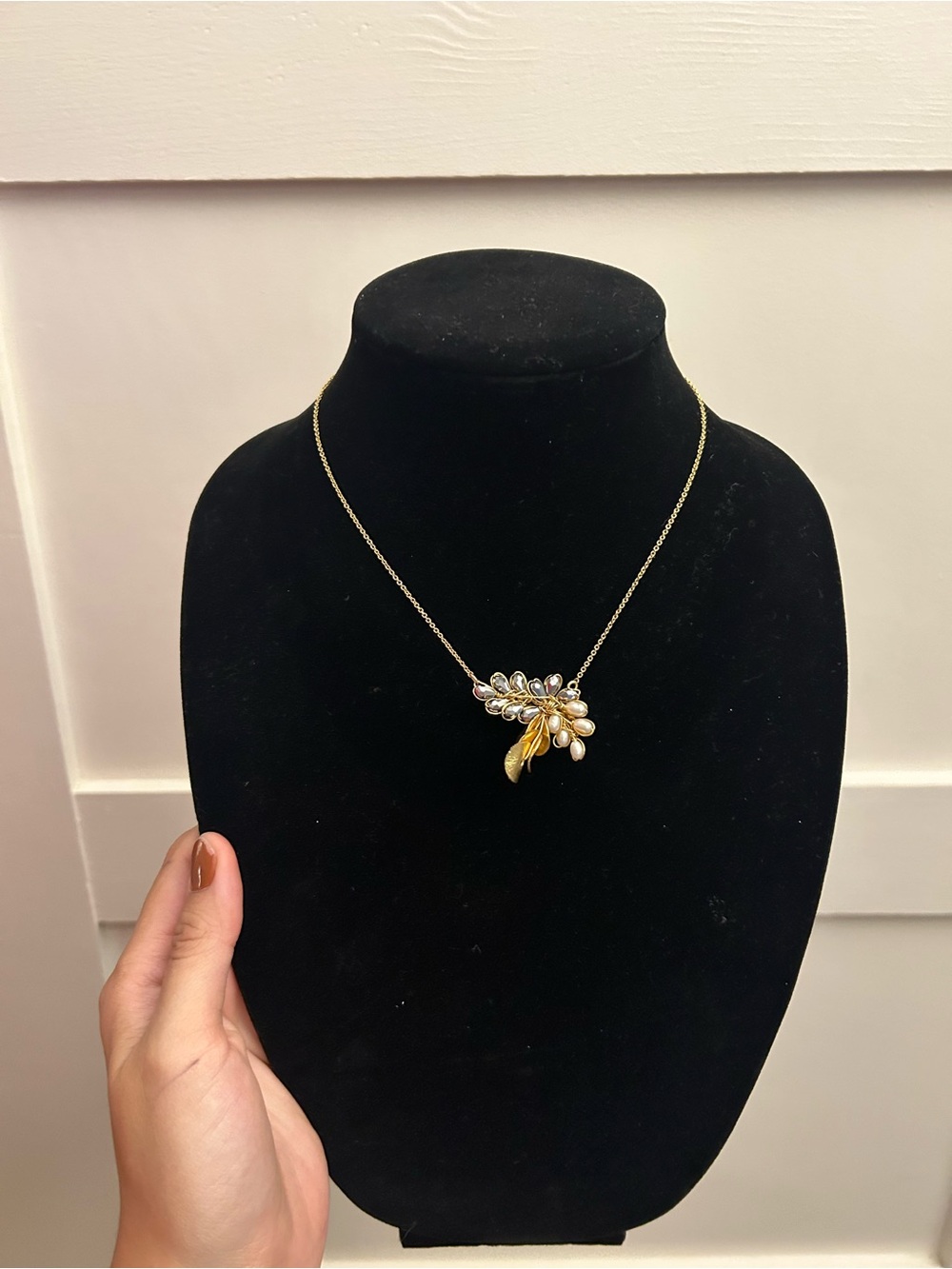Gold Pearl and Crystal Leaf Pendant Necklace - Women's Jewelry